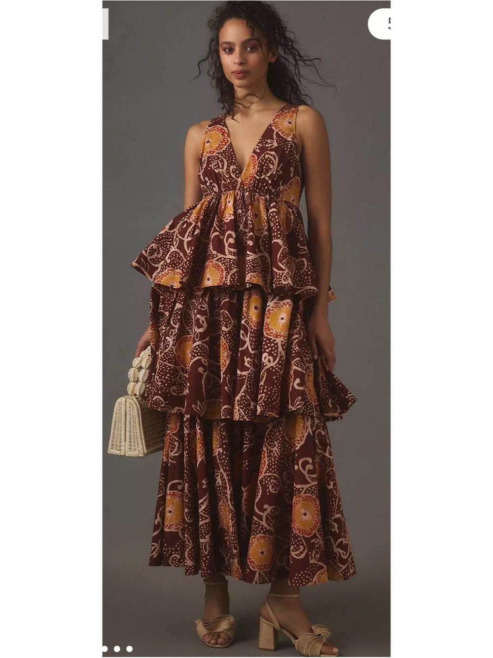 Women’s Brown Tiered V-Neck Maxi Dress with Yellow Accent